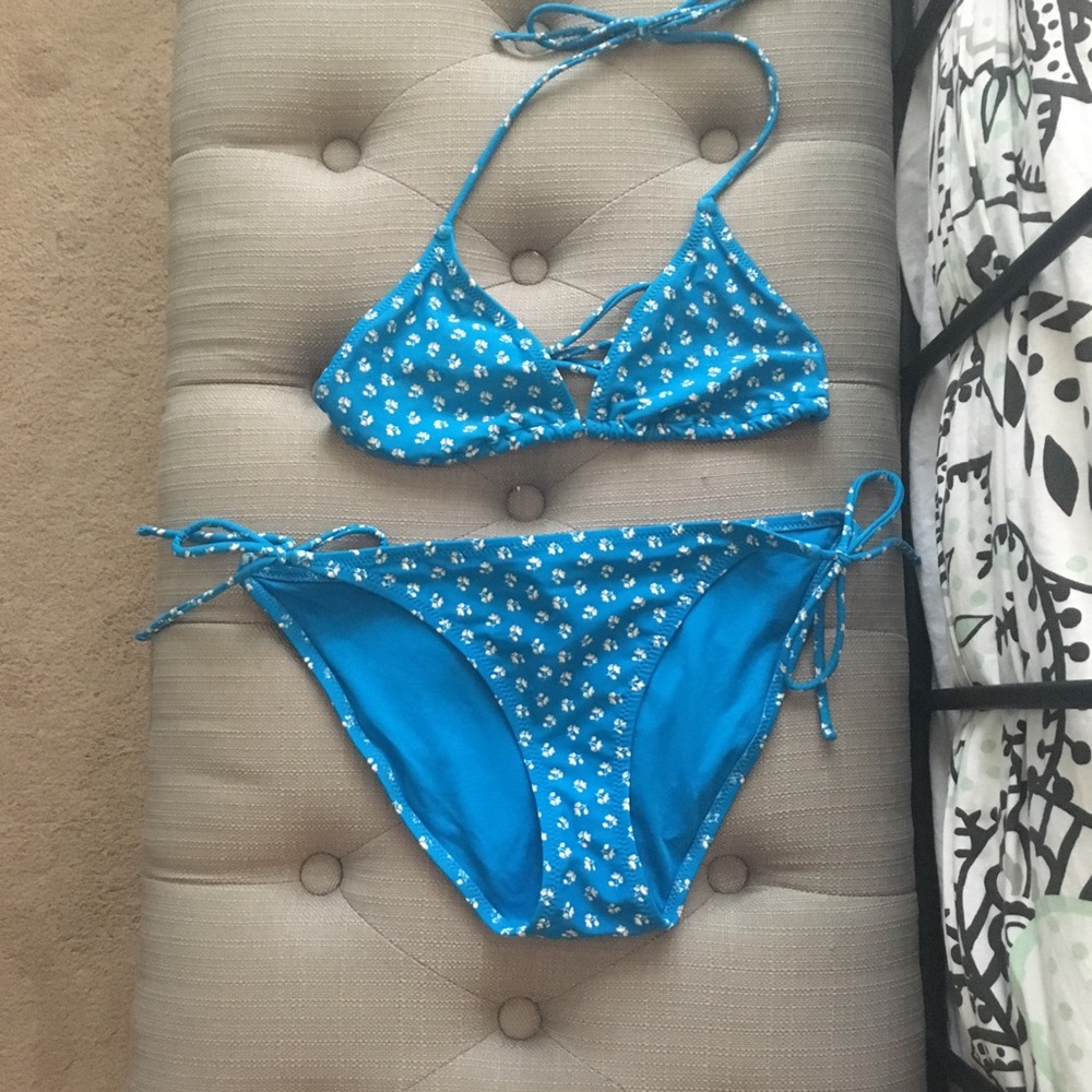 Blue Triangle Top Bikini W/ Grey Floral Print S 38
